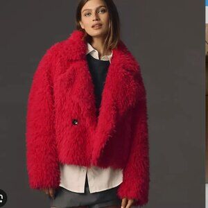 Anthropologie Faux Fur Pink Shag Double-Breasted Jacket